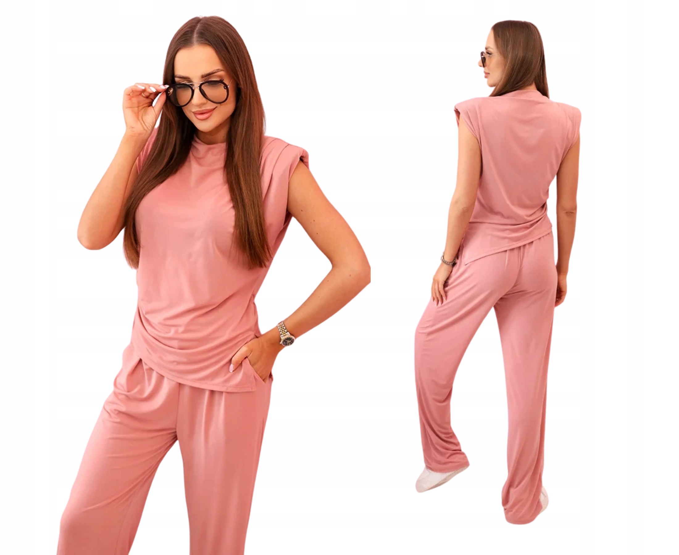 Tmavě růžový elegantní komplet s širokými kalhotami a halenkou