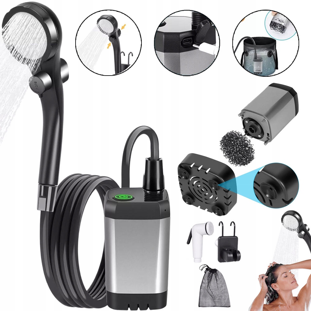 Prysznic Turystyczny Kempingowy 20L Z Pompą Led Ekranem 2m Wężem Z Kempingu