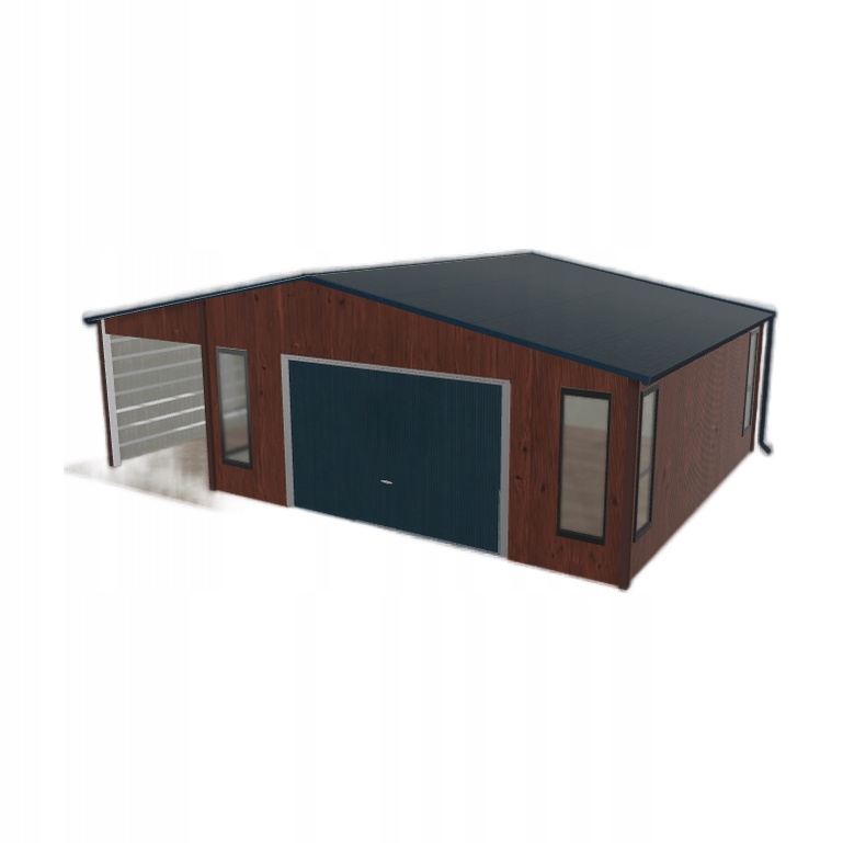 Plechová garáž 5.5 x 5.5 m s přístřeškem Tmavý ořech