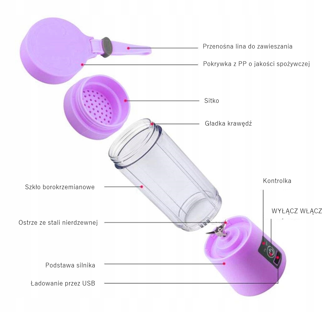 BLENDER TURYSTYCZNY USB 380ML FIOLETOWY Przenośny Model brak