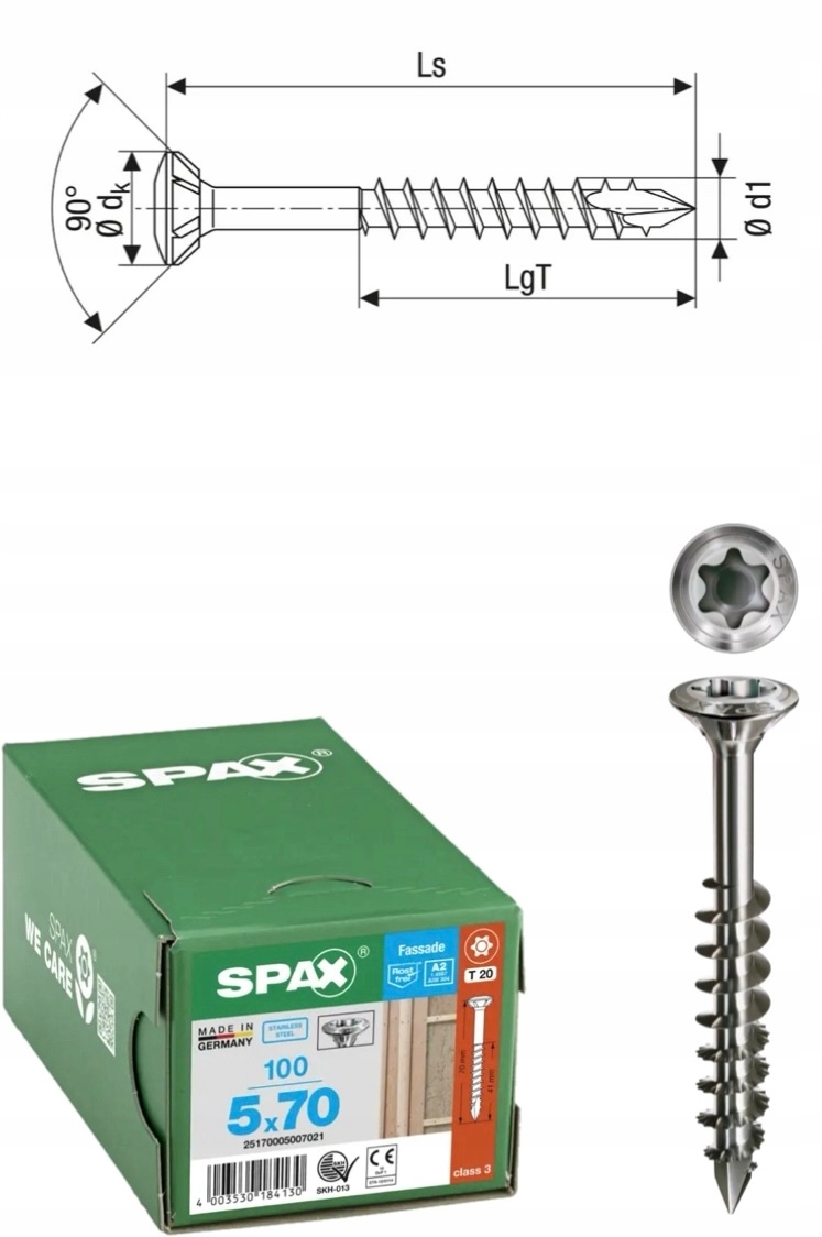 Šroub do fasádní desky spax 5 x 70 Li A2 Tx cut 100 ks