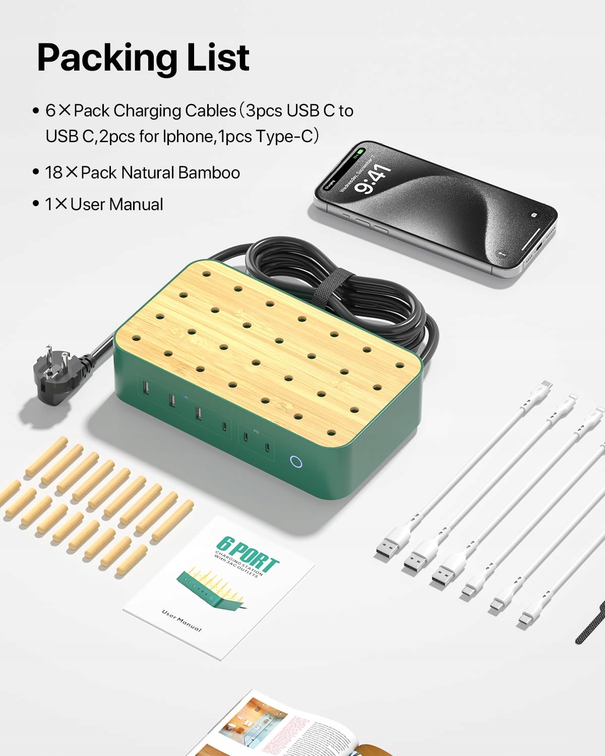 VISIONSYNC Stacja Ładowania USB-C 60W 6-Portowa Z Bambusa Zielona — miniatura 9