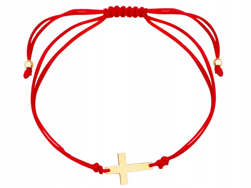 Zlatý náramek 585 na červené šňůrce se zlatým křížkem 14kt