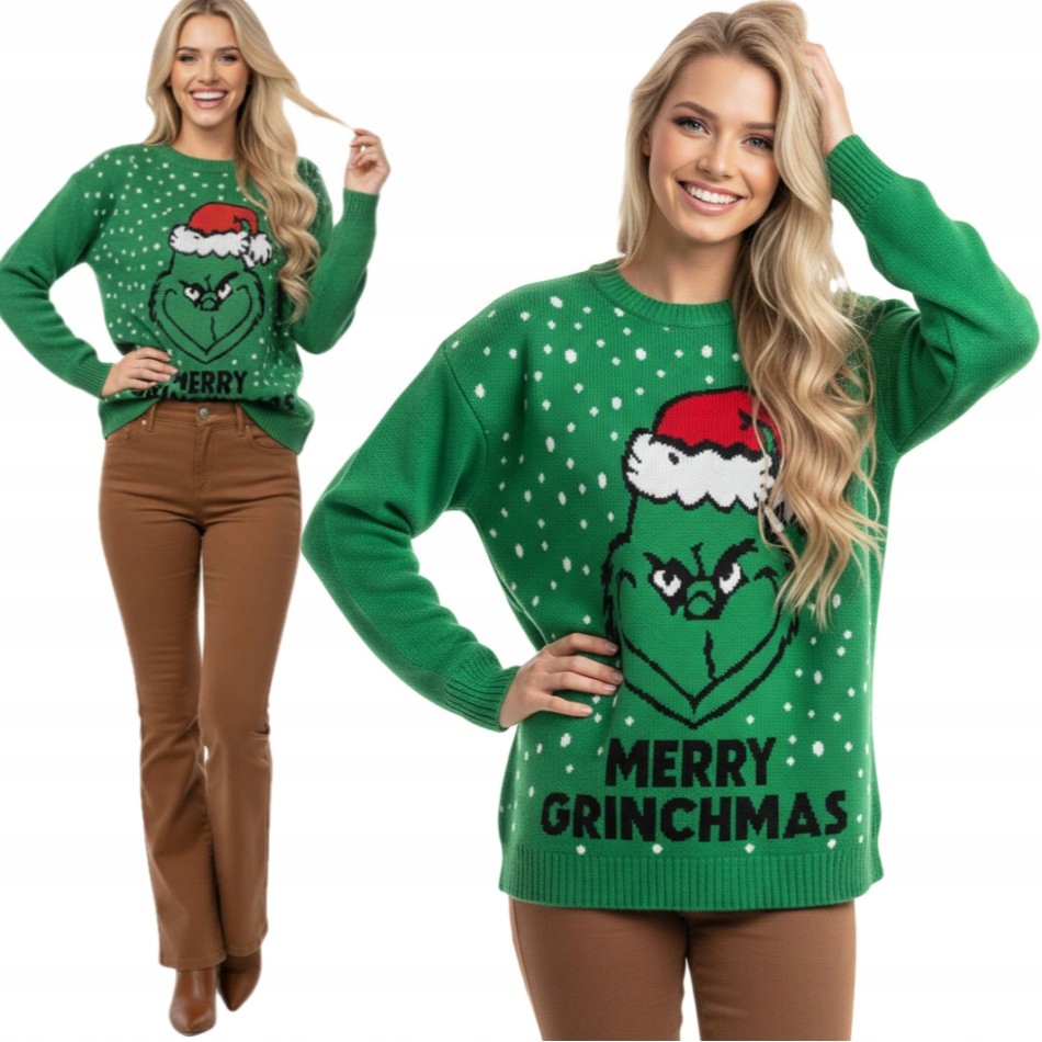 Dámský vánoční svetr Grinch v čepici Santa Clause zelený vánoční L