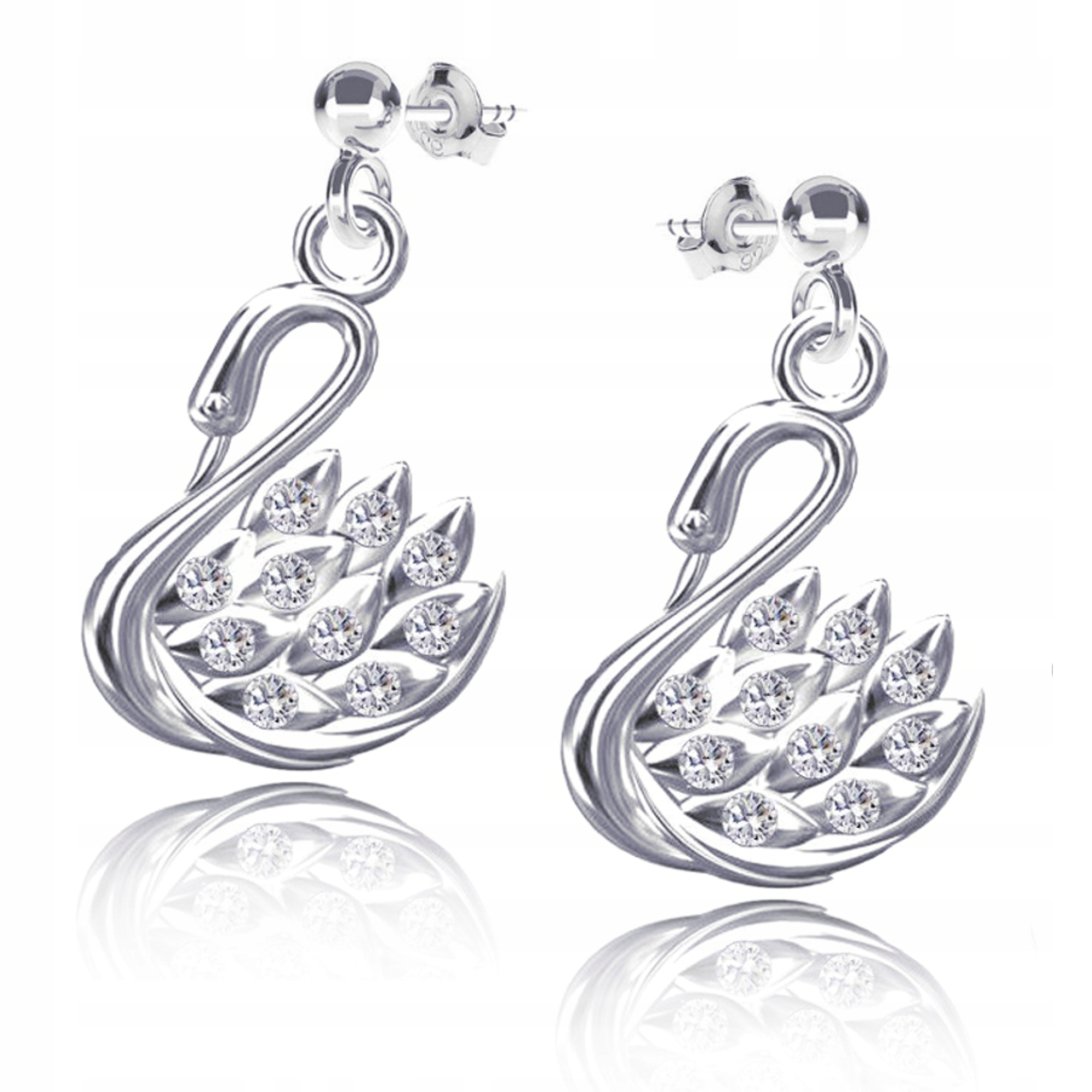 Labuť se zirkony a stříbrnými náušnice na tyčkách stříbro 925