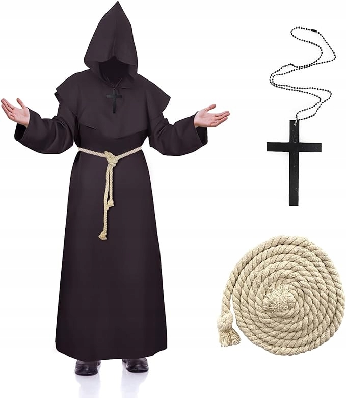 Bronzové Roucho Sutanna Mnicha Kněz Plášť Kostým Halloween Šňůra Kříž