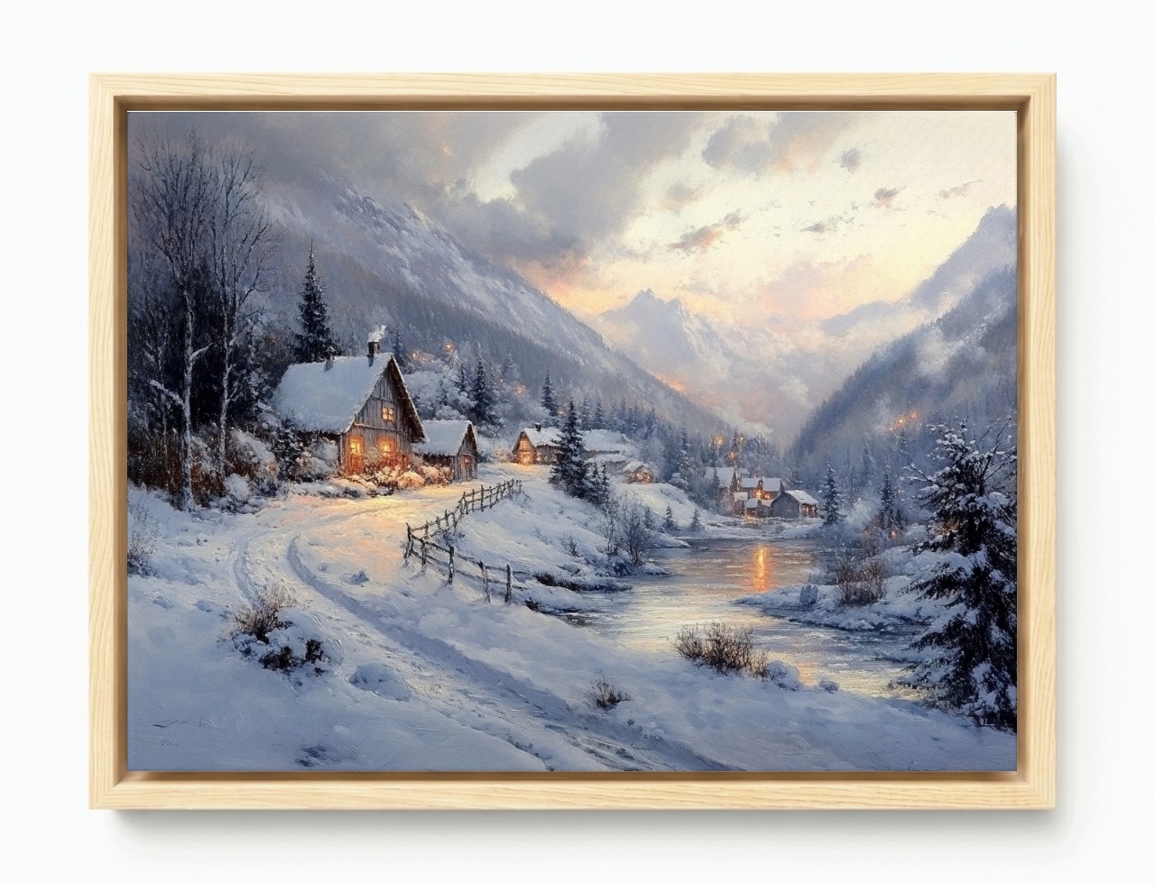 Obraz Rám Americký Box Zimní Krajina Domky Řeka Hory Sníh Zima 80x60