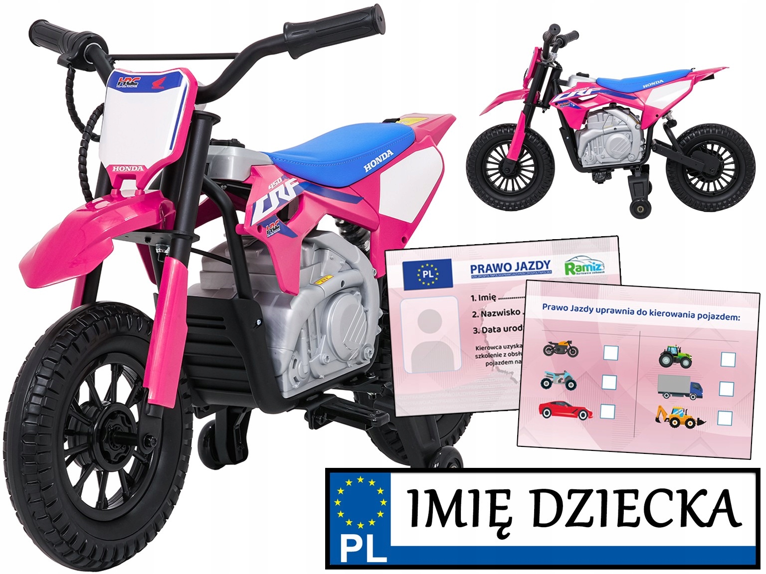 elektryczny motorek dla dziewczynki Honda CFR450R boczne kółka Różowy
