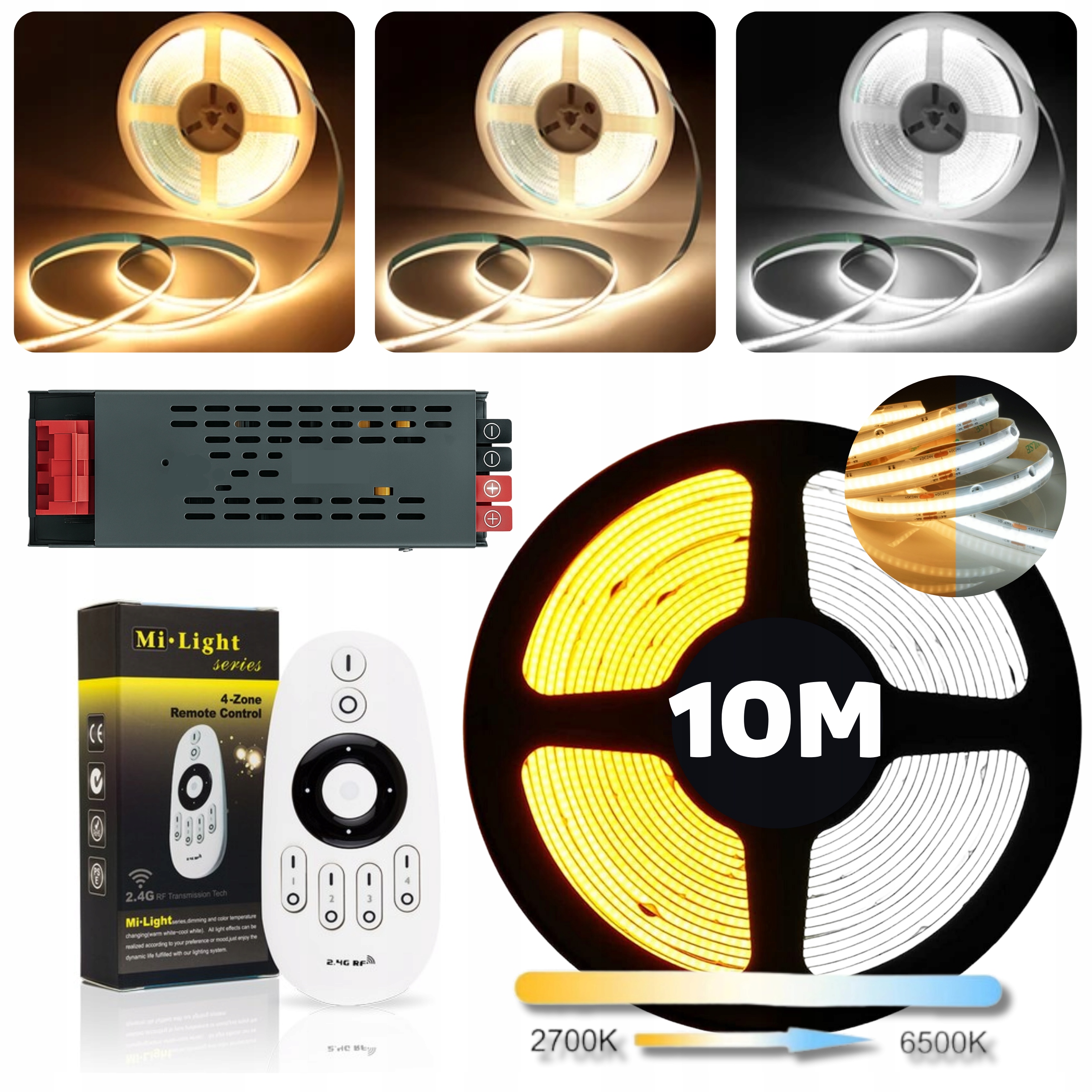 Set Led teplá a studená páska Cob Cct 3000-6500K 24V 14W/m kontinuálna čiara 10 m