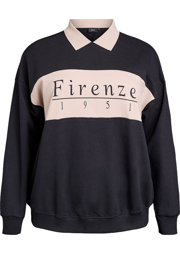 Plus Size Zizzi Komfortní Černá Mikina Polo Print 157A 52