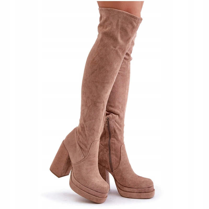 Kozačky Svršek Za Koleno Masivní Sloupek Platforma Eko Semiš Béžová 40