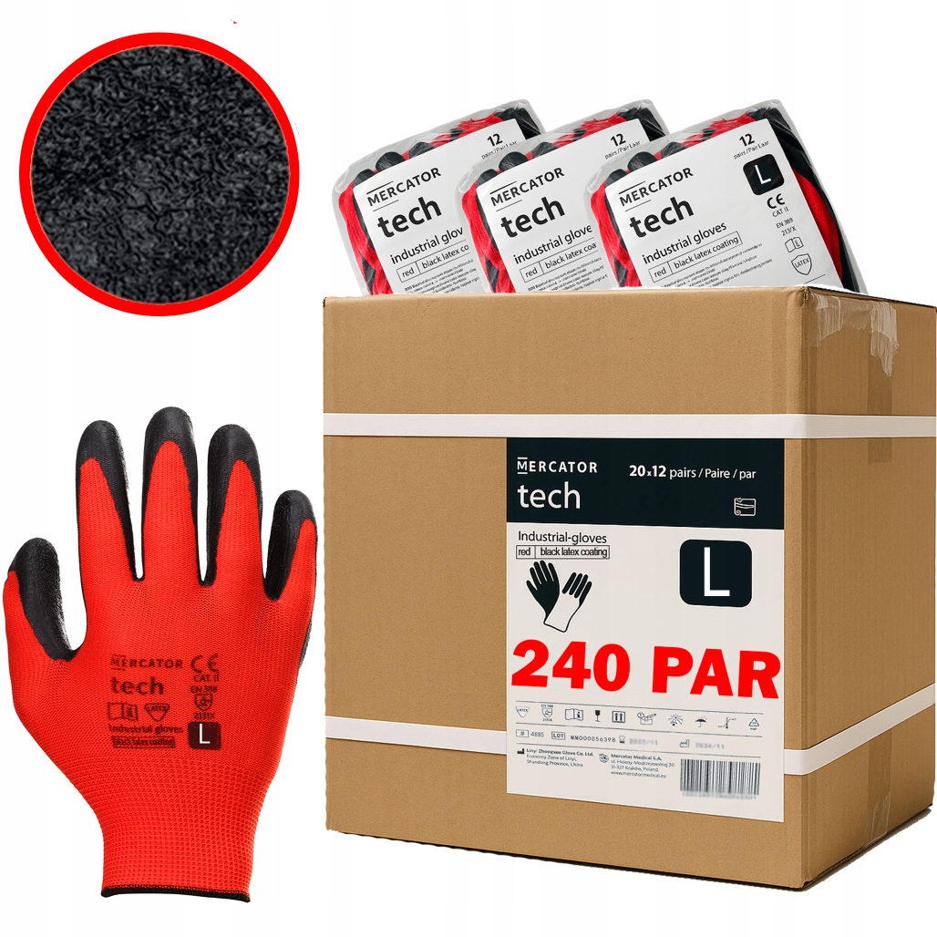 Pracovné rukavice Mercator Tech Red+Black Latex L 240 párov