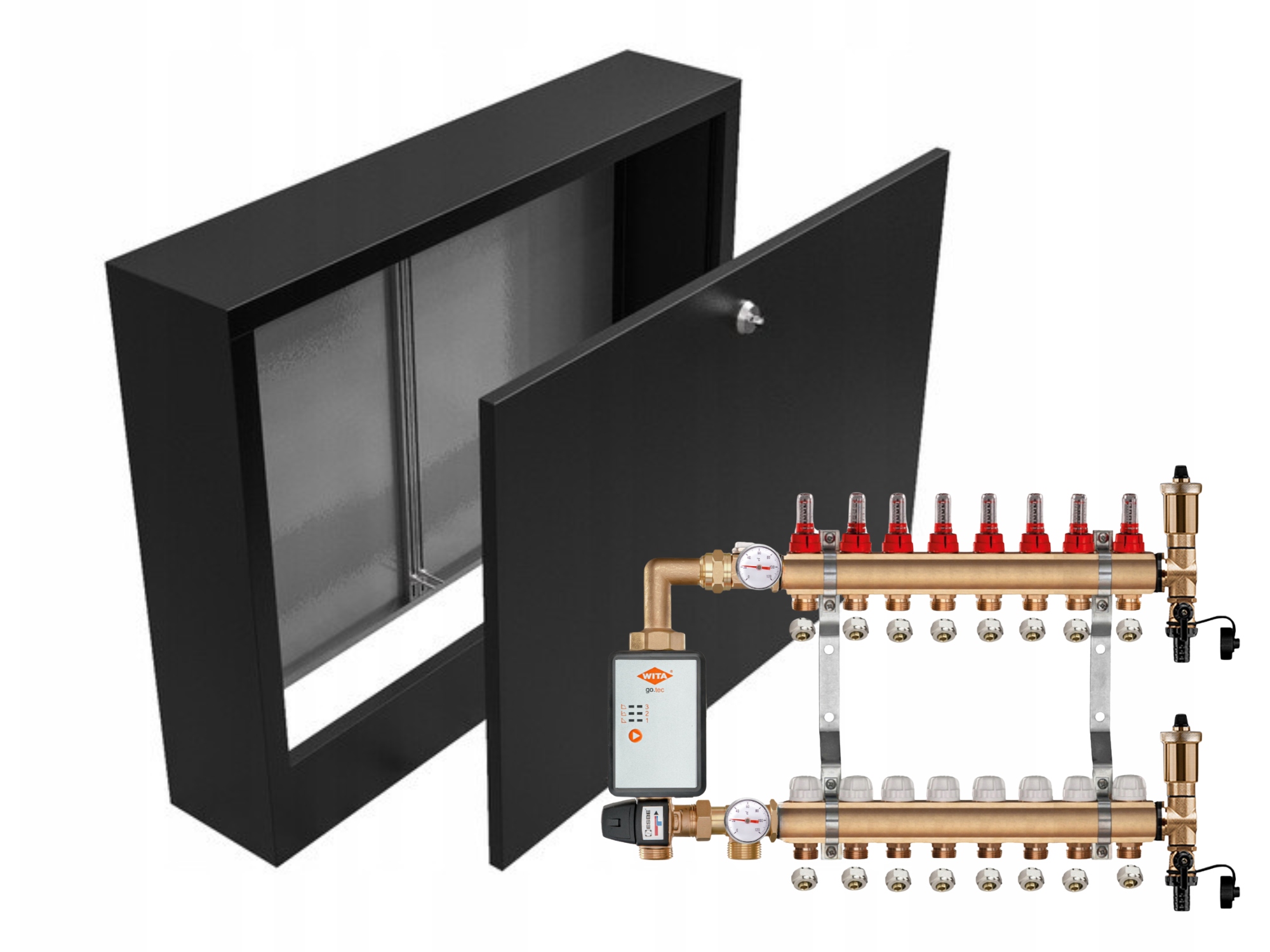 Mosazný Rozdělovač Podlahovky 8+ČERPADLO Vítá+nástěnná Skříňka Černá+pex