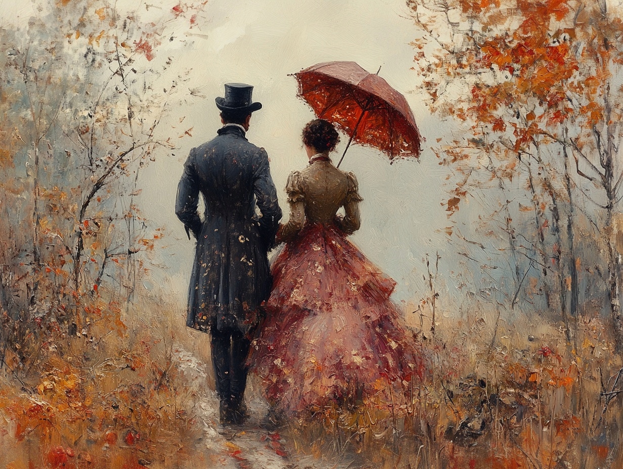 Obraz Na Plátně Canvas Pár Procházka Podzim Retro Viktoriánský Styl 100x75