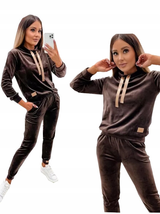 Welurowy Dres Damski Czekolada Stójka Złote Detale Komplet M