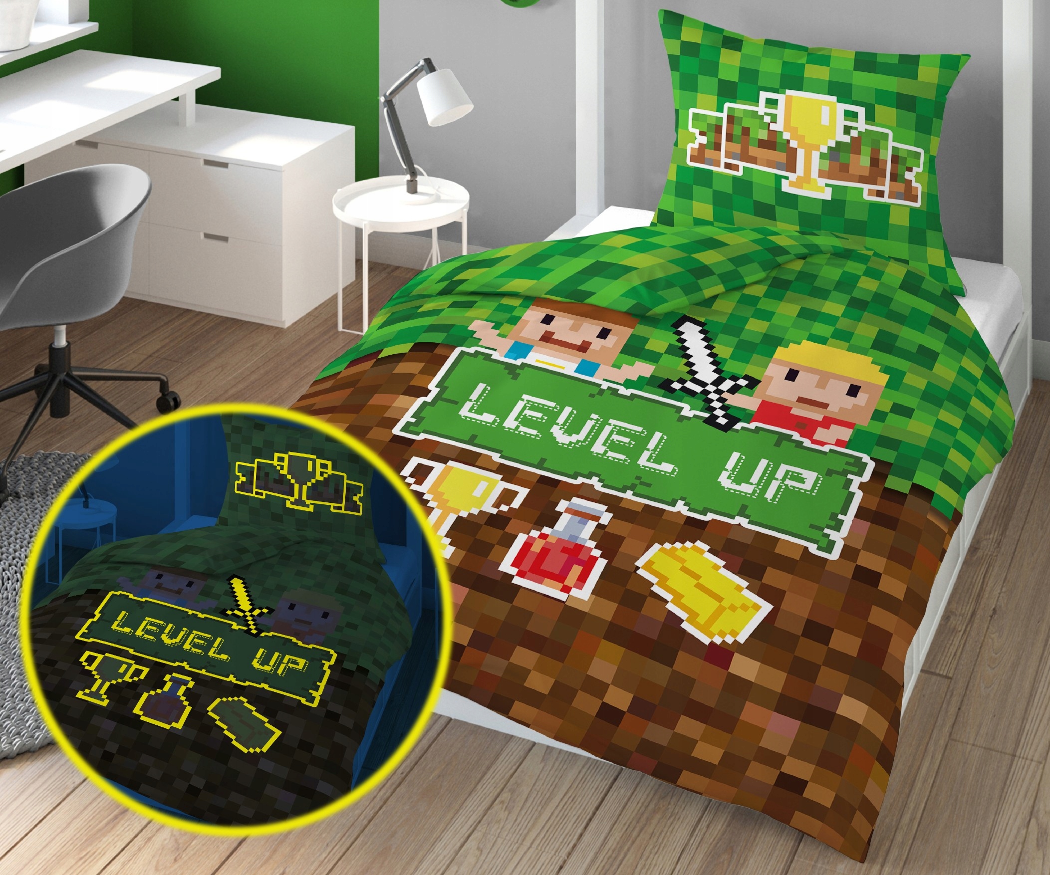 Minecraft level up pościel FLUO 140X200 świecąca