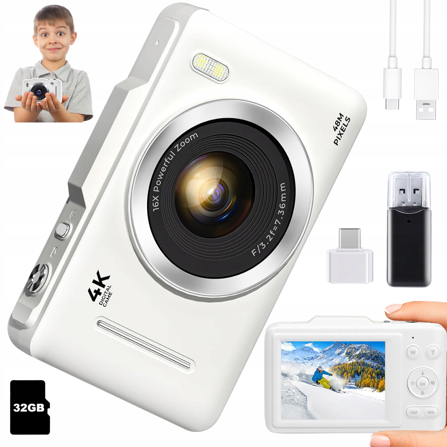 Fotoaparát Hd Bílý 16X Zoom 4K 48MP 32G Gift Type-c 700MAH