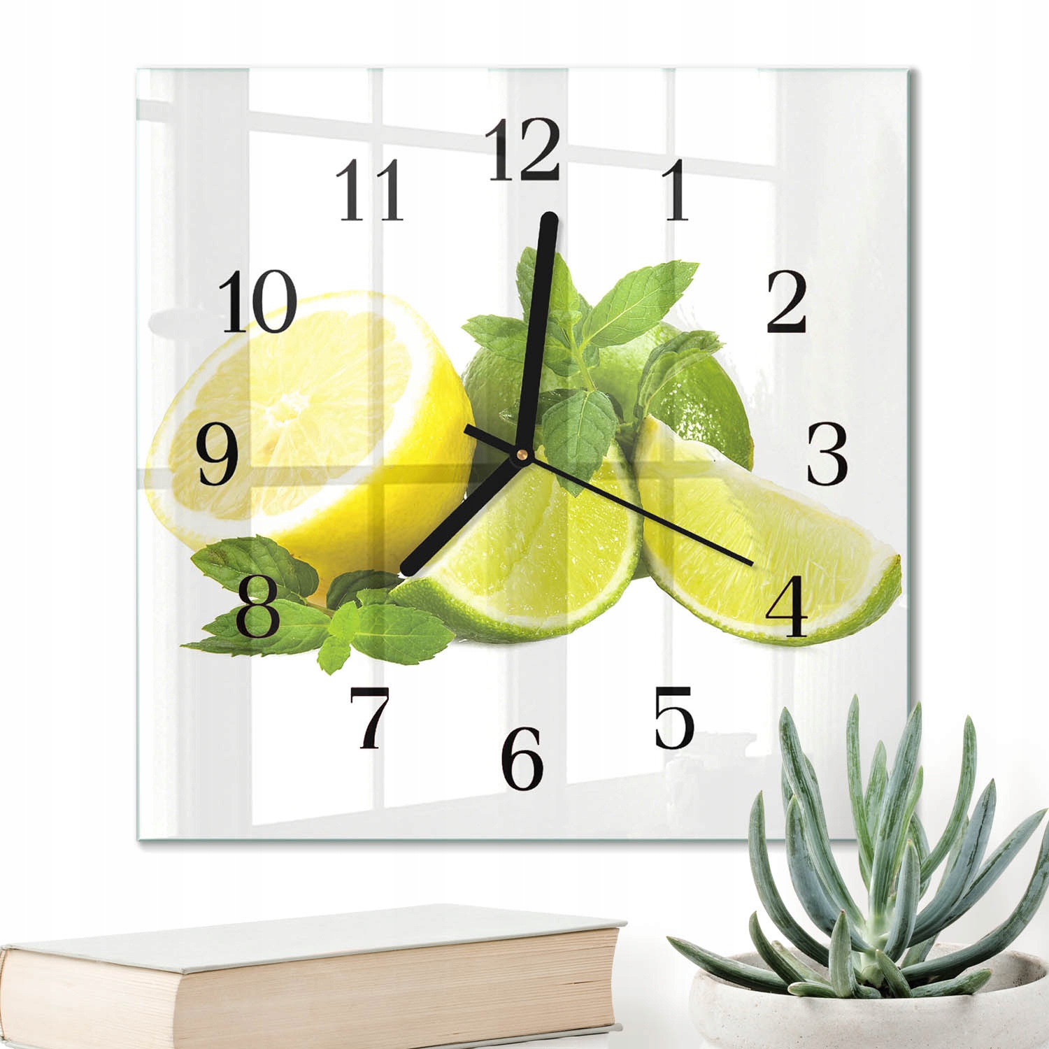 Foto Čtvercové hodiny 30x30 cm Skleněné Nástěnné do obývacího pokoje Máta Citronová