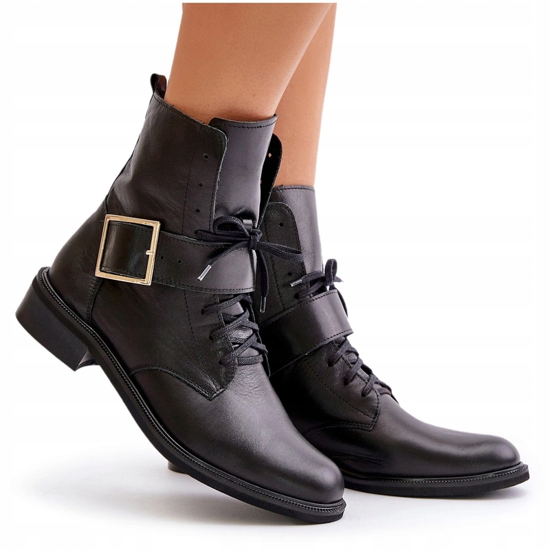 Kotníkové Boty Kožené Plochý Podpatek Spona Na Zip Šněrovací Zazoo 2949 Černé 37