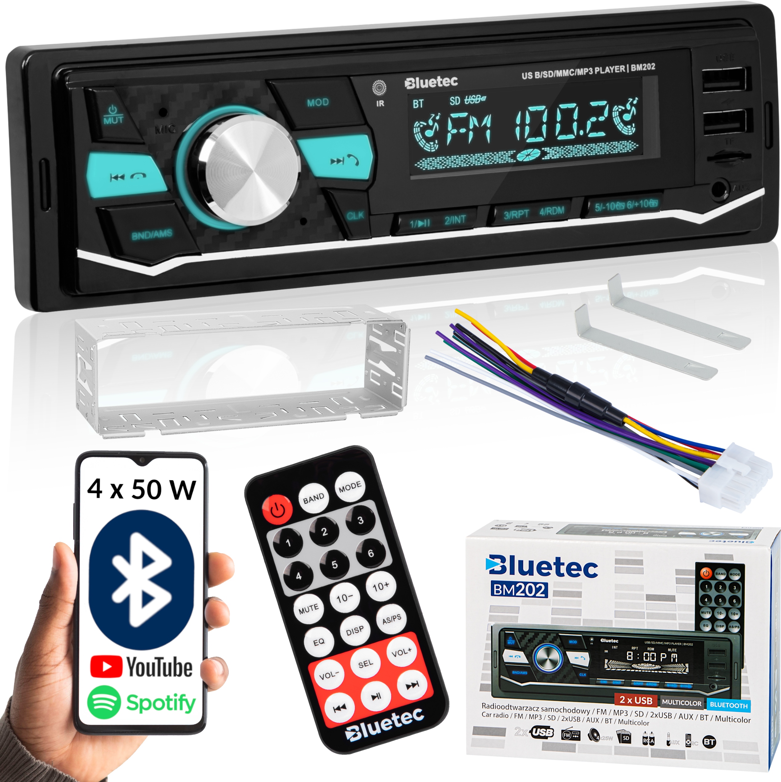 RADIO SAMOCHODOWE 1-DIN BLUETOOTH 5.0 USB SD AUX MP3 MIKROFON PILOT KOLORY