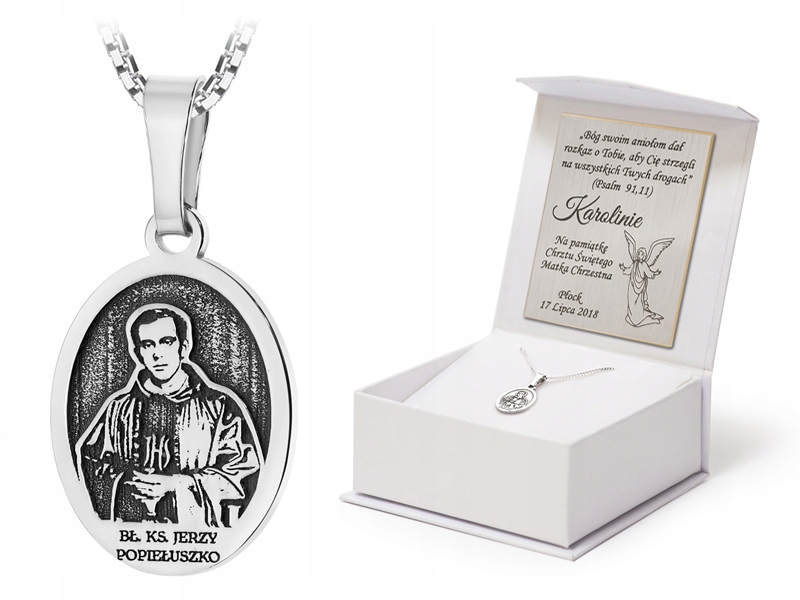 Stříbrný Náhrdelník 45 cm ryzost 925 Medailon Kněz Jiří Popiełuszko Gravírování