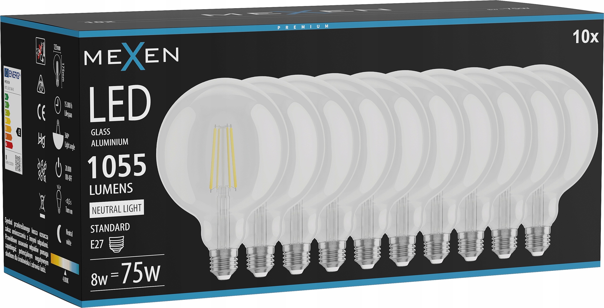 Mexen Vintis 10X Žárovka Filament Led E27 G125 8W 4000K 1055 LM Clear