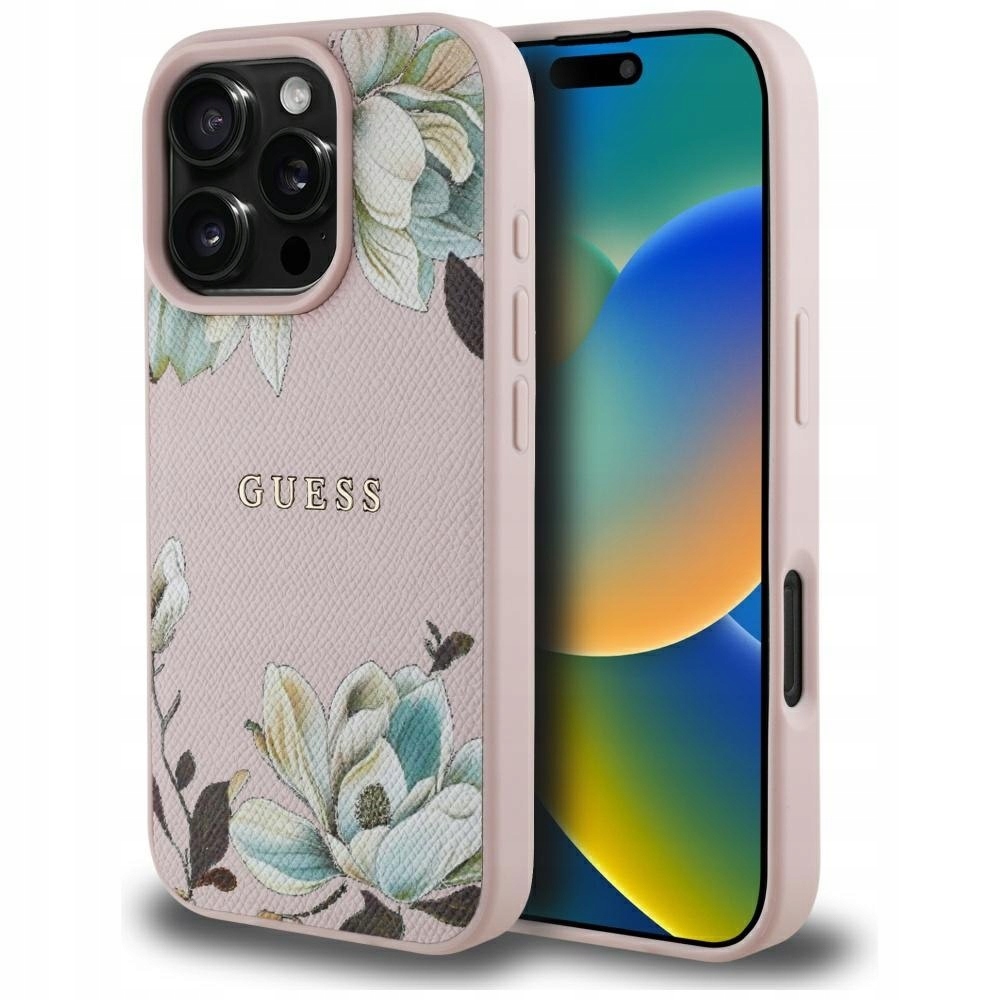 Etui Guess Grained Printed Flower Pattern MagSafe do iPhone 16 Pro Max różo