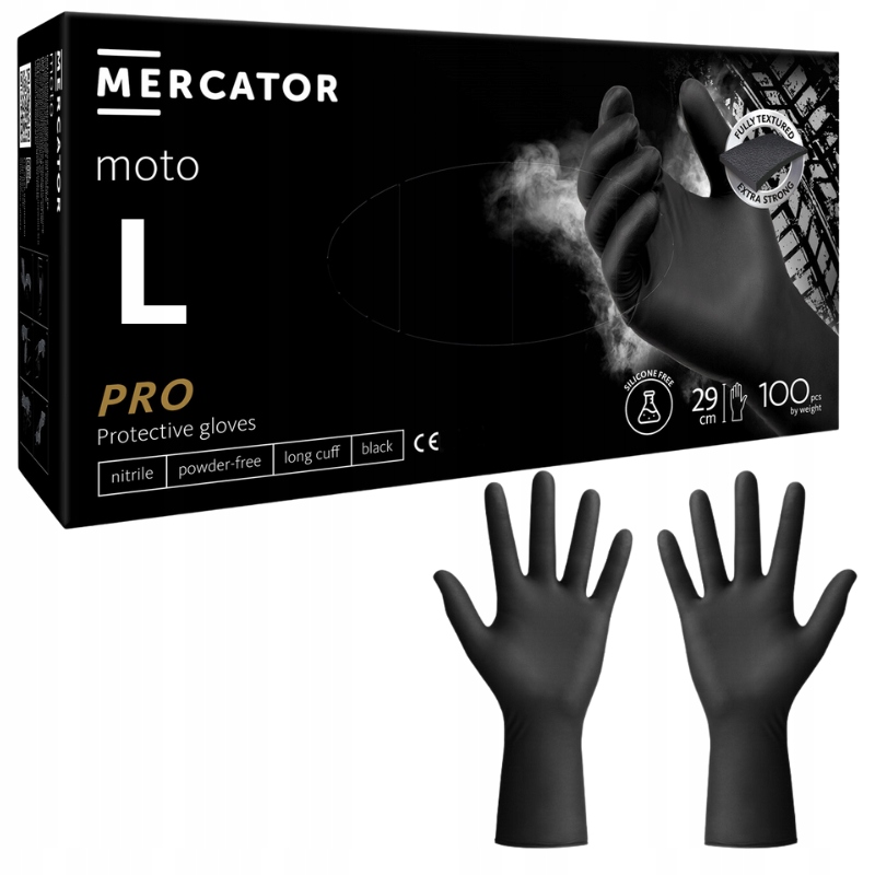 Levně Dílenské rukavice Černé Mercator pro Moto Black silné 100 ks vel. L