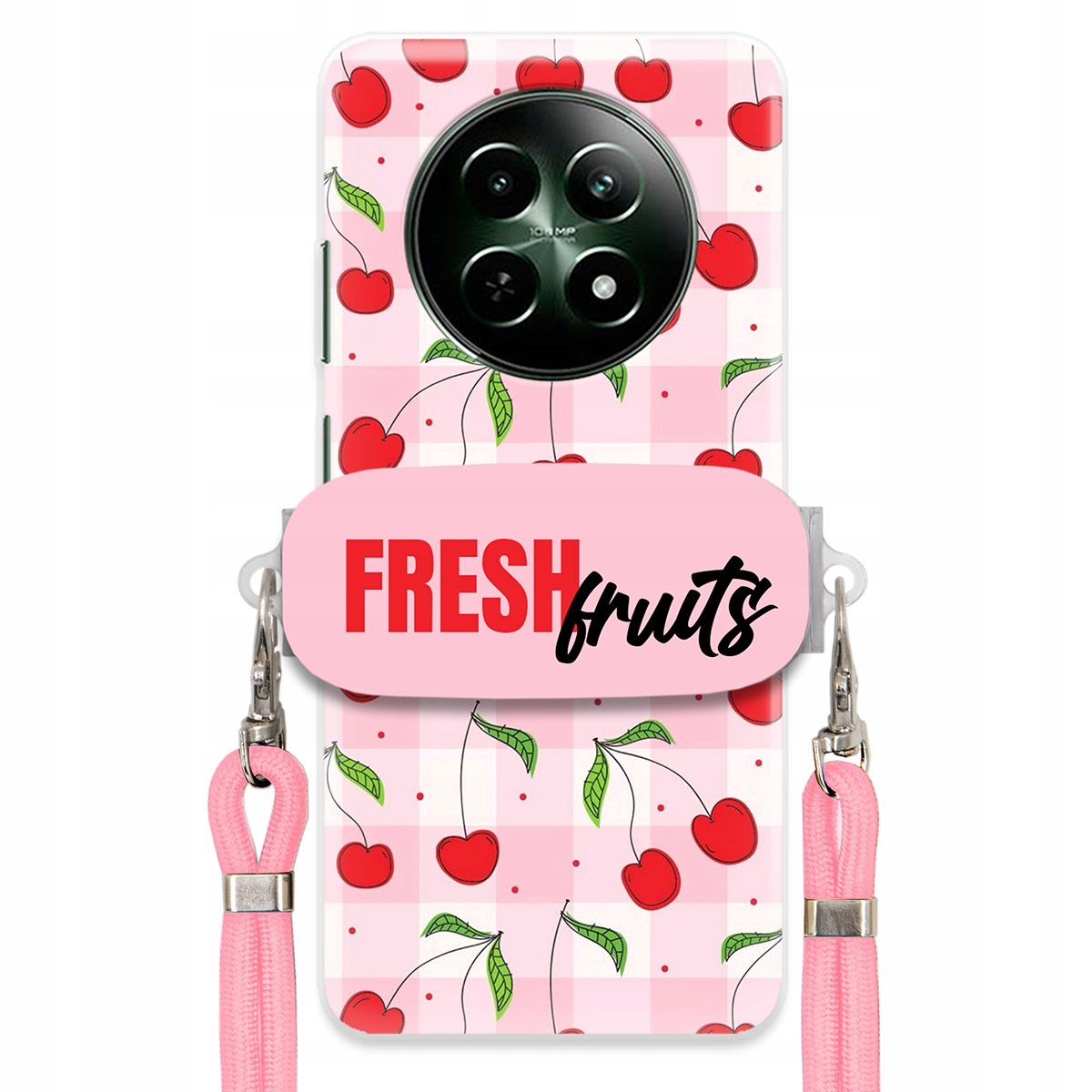 Pouzdro pro Realme 12 5G Case Držák Šňůrka Růžová Fruits Mřížka Ovoce