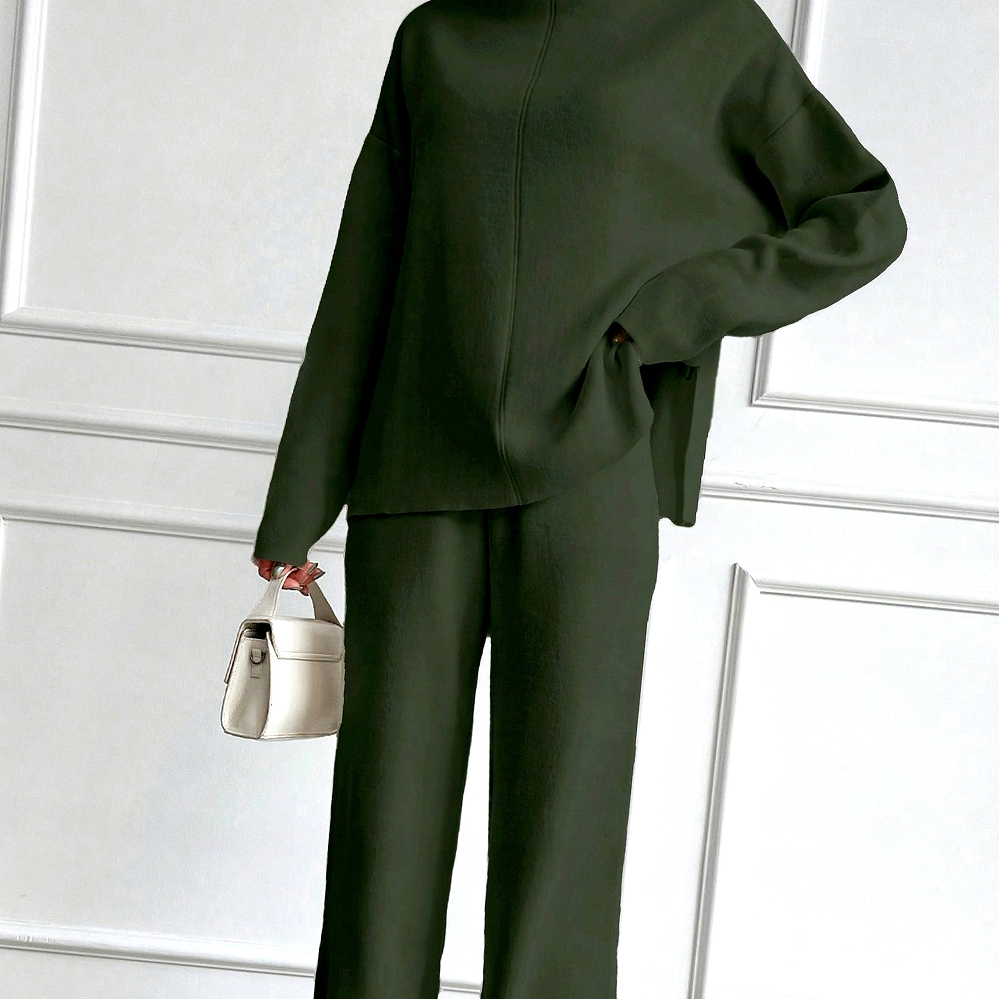 Khaki komplet s kalhotami a perlami pro ženy z úpletu Oversize L 40