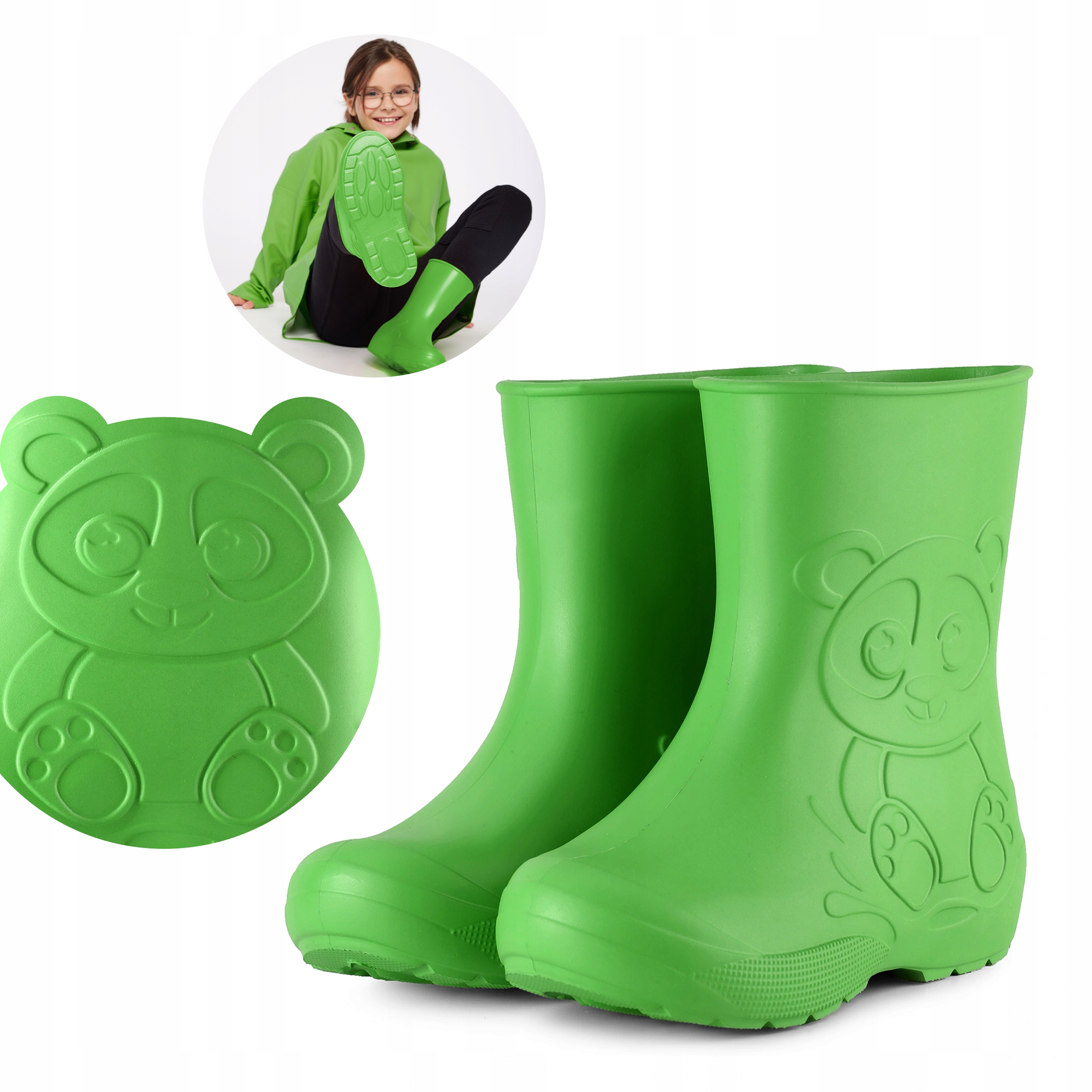 Kalosze dziecięce z motywem Pandy gumowce z wkładem Zielony 24-25
