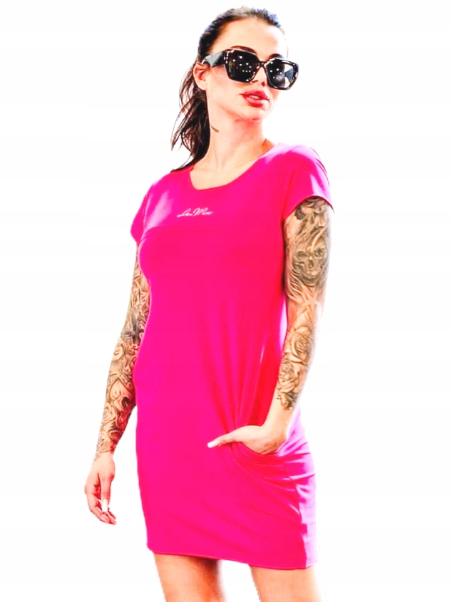 šaty La..mu Majorca Výšivka Růžová Neonová L/XL-3