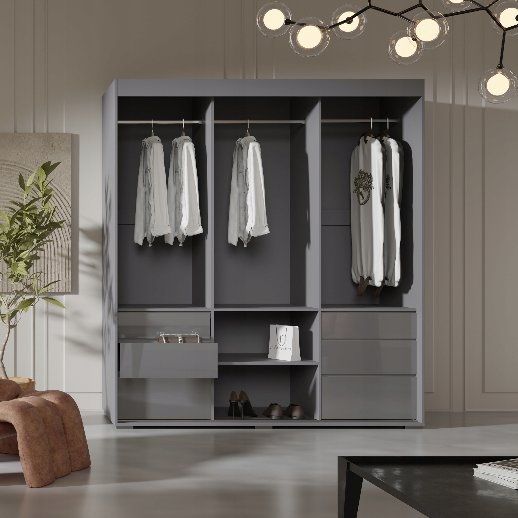 Szafa przesuwna z szufladami Torino 3D 180 Szara (lacobel)