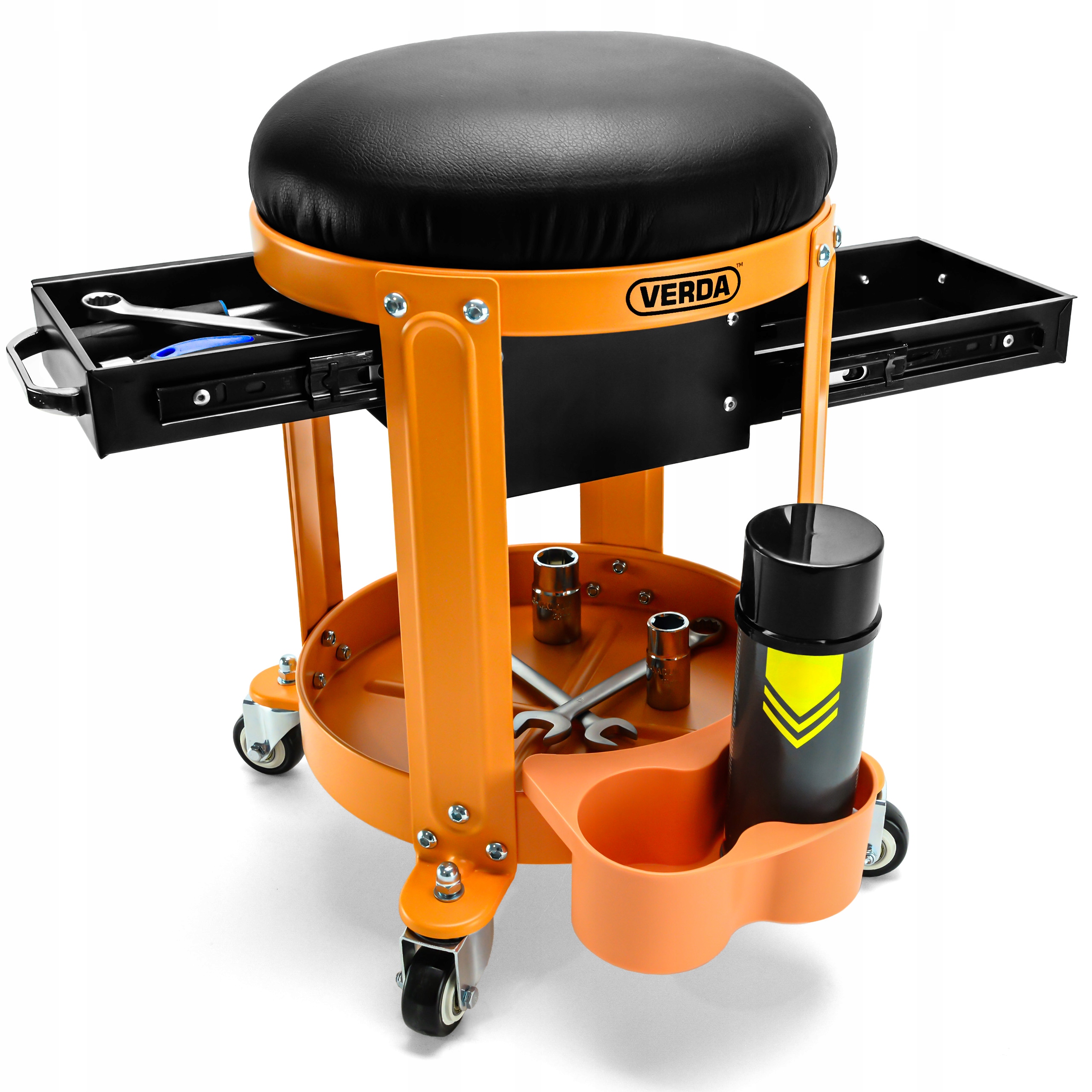 Taboret warsztatowy Verda z szufladami obrotowy 360° czarny/pomarańczowy