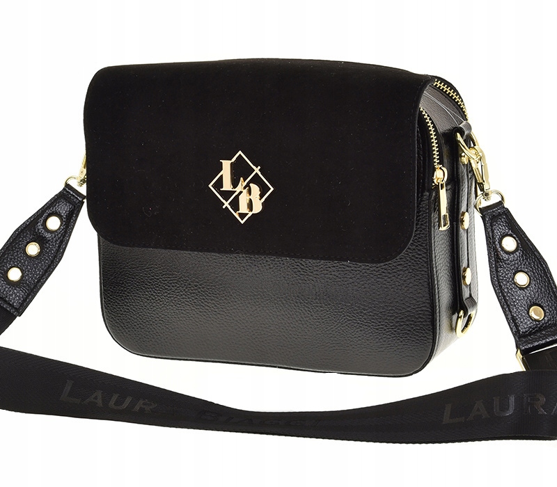 Laura Biaggi - torebka listonoszka kuferek czarna zamsz + mat JS170