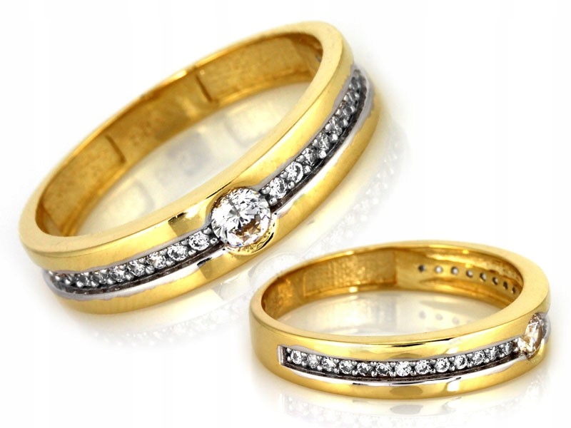 Zlatý 585 prstýnek zdobený zirkony, elegantní dvoubarevné zlato r15