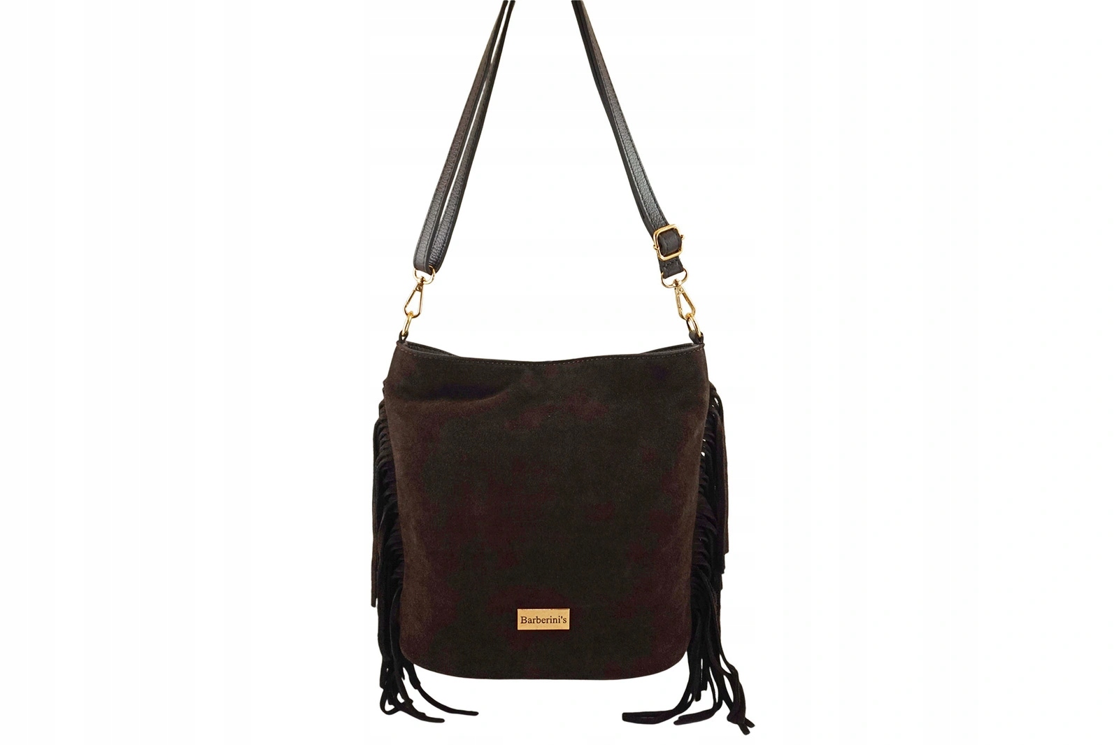 Semišová boho kabelka s třásněmi Hnědá tmavá