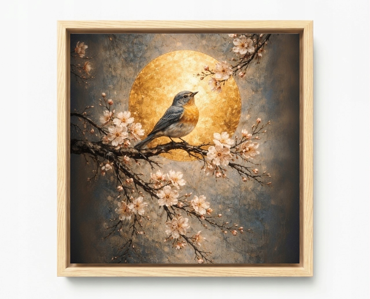 Obraz Rám Americký Box Asie Orient Japandi Pták Višeň Měsíc 60x60