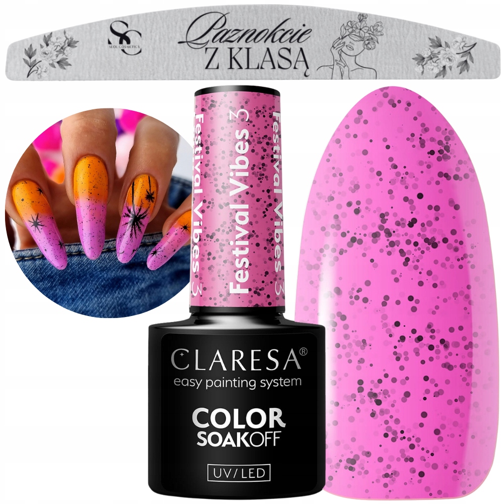 Claresa Lakier Hybrydowy do paznokci FESTIVAL VIBES 3 z drobinkami + PILNIK
