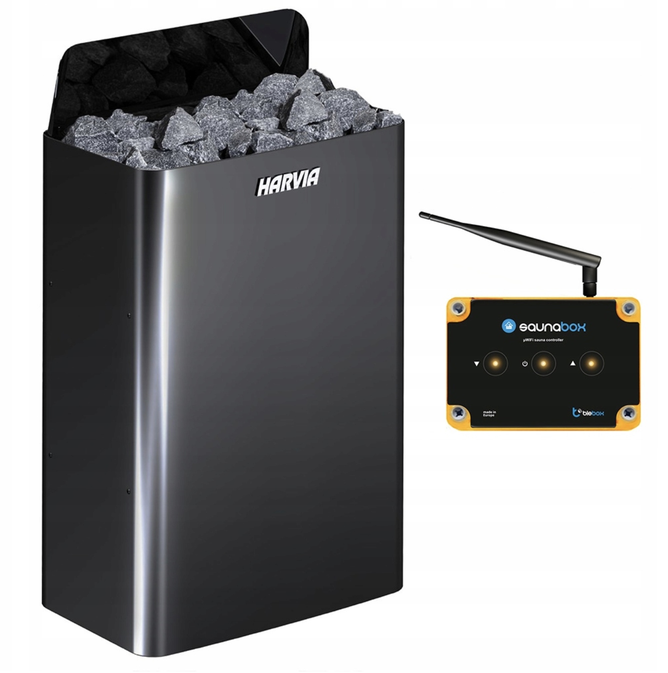 Saunová pec Harvia The Wall SW90E Black Steel ovládač SaunaBox Pro