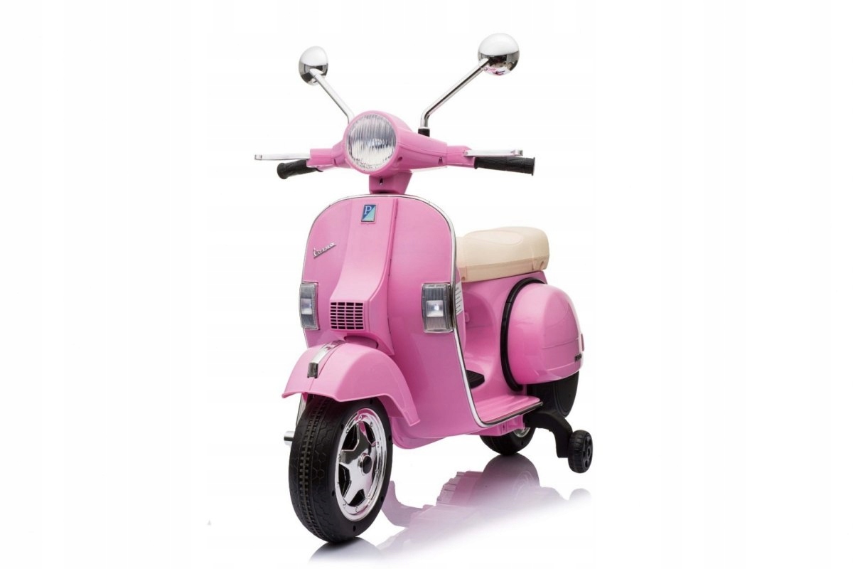 Skuter Vespa elektryczny dla dzieci Różowy Kółka pomocnicze Audio