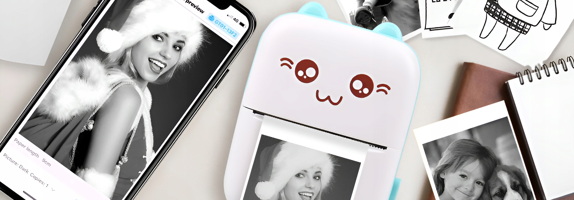 DRUKUŚ MINI DRUKARKA TERMICZNA DO ZDJĘĆ NATYCHMIASTOWY DRUK + 21SZT ROLEK Model DRUKUS MINI DRUKARECZKA NIEBIESKA ROLKI ZESTAW PRO