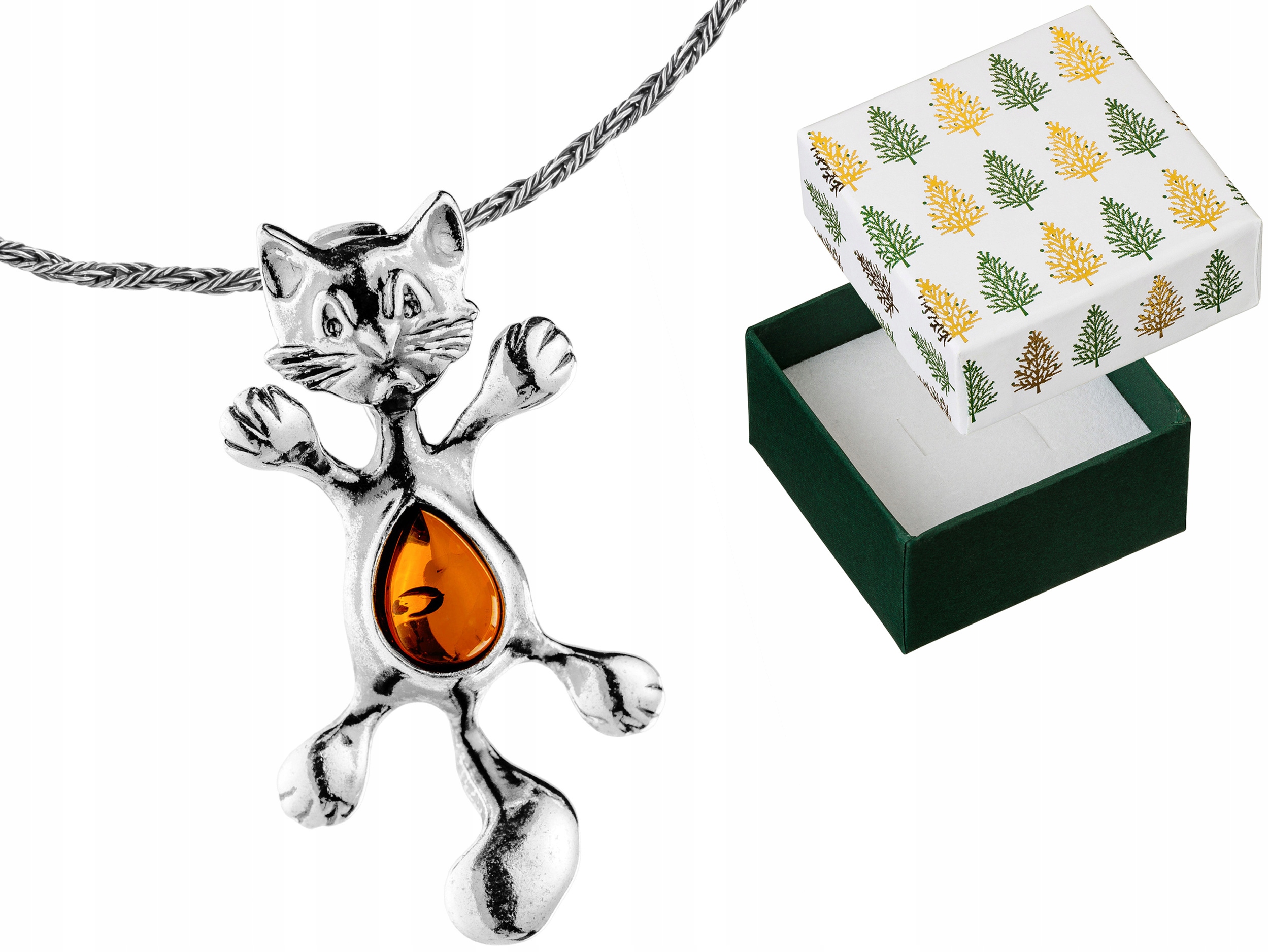 Stříbrný náhrdelník s kočkou a jantarem Kočka ze stříbra Kotě Jantar 38 Cm