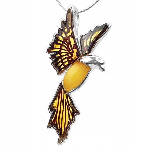 Stříbrný Přívěsek pták holub fénix s gravírovaným mléčným Jantarem ze Stříbra