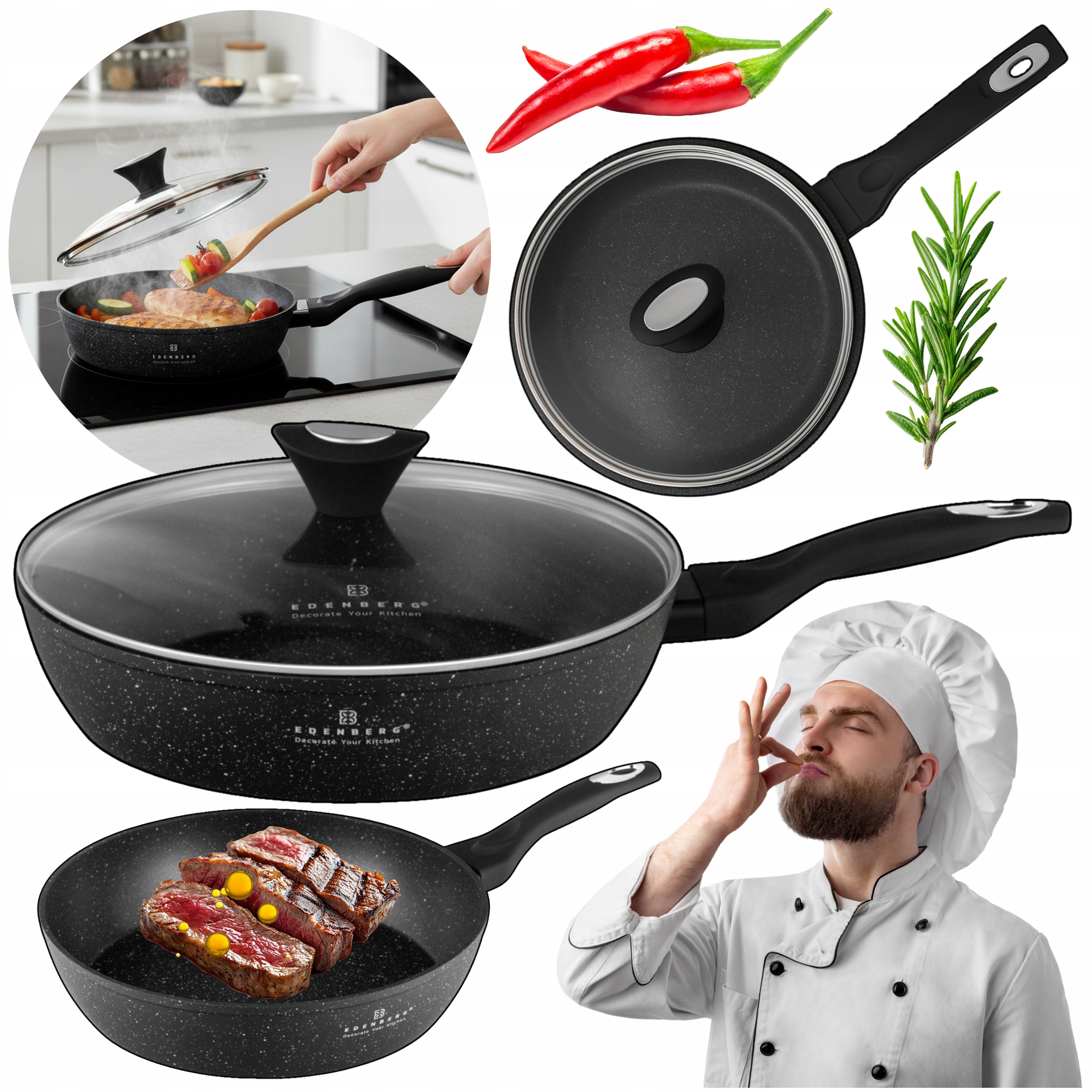 Wysoka Patelnia Z Pokrywką 30cm Patelnia Głęboka Nieprzywierająca Indukcja