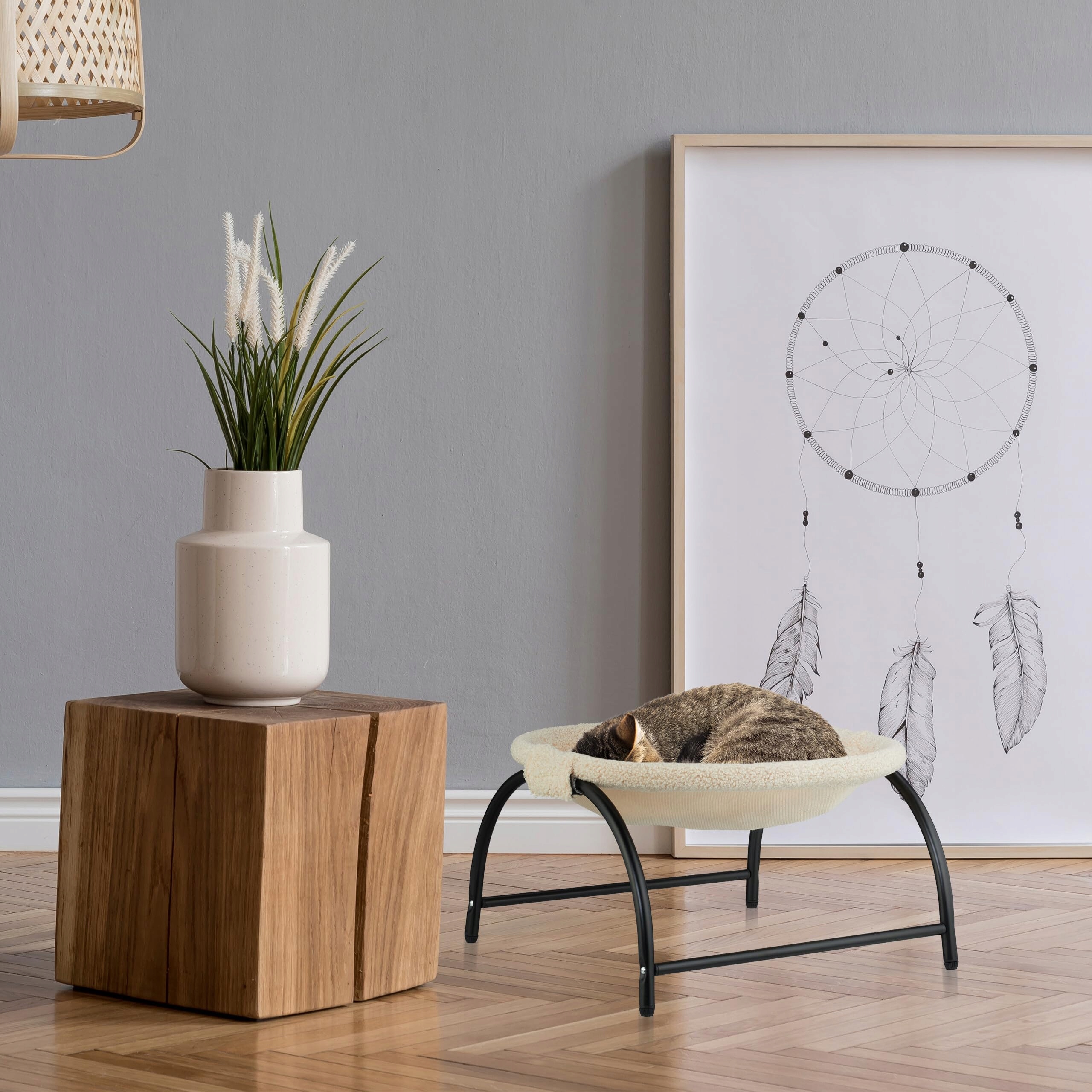 Stojący Hamak Dla Kota Pluszowy Leżak Na Stelażu Beżowo Czarne Relaxdays — miniatura 2