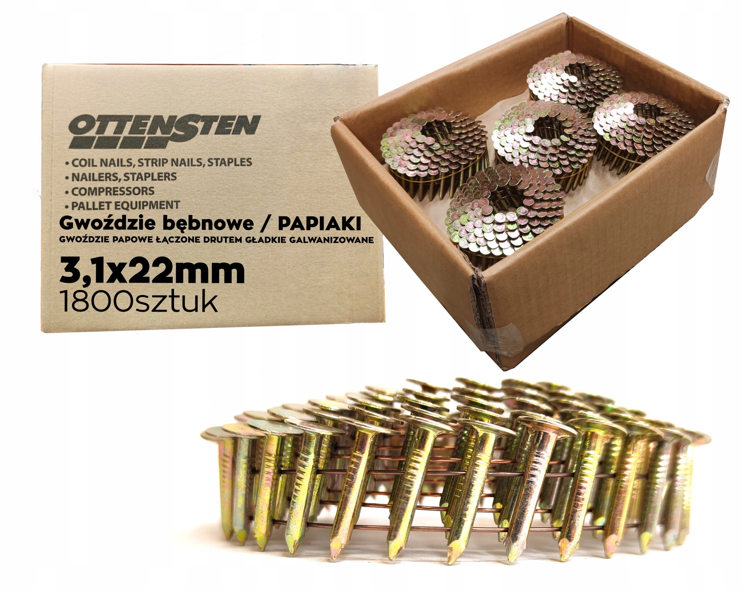 Gwoździe papowe Gładkie papiaki Ocynk 3,1x22 bęben drut 1,8tys gwoździarka