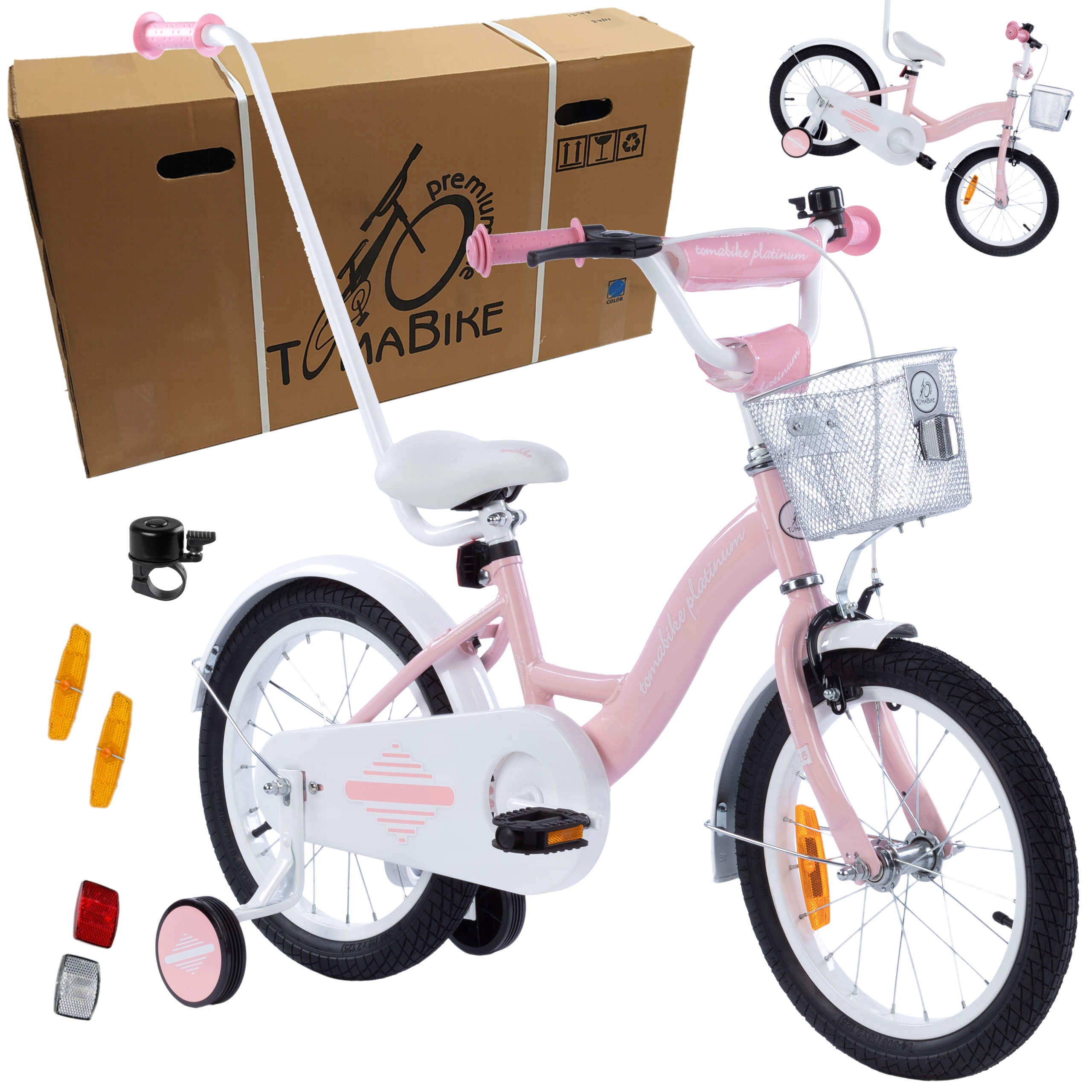 rower rowerek 16 cali prowadnik koszyk kółka dzwonek L pełna osłona