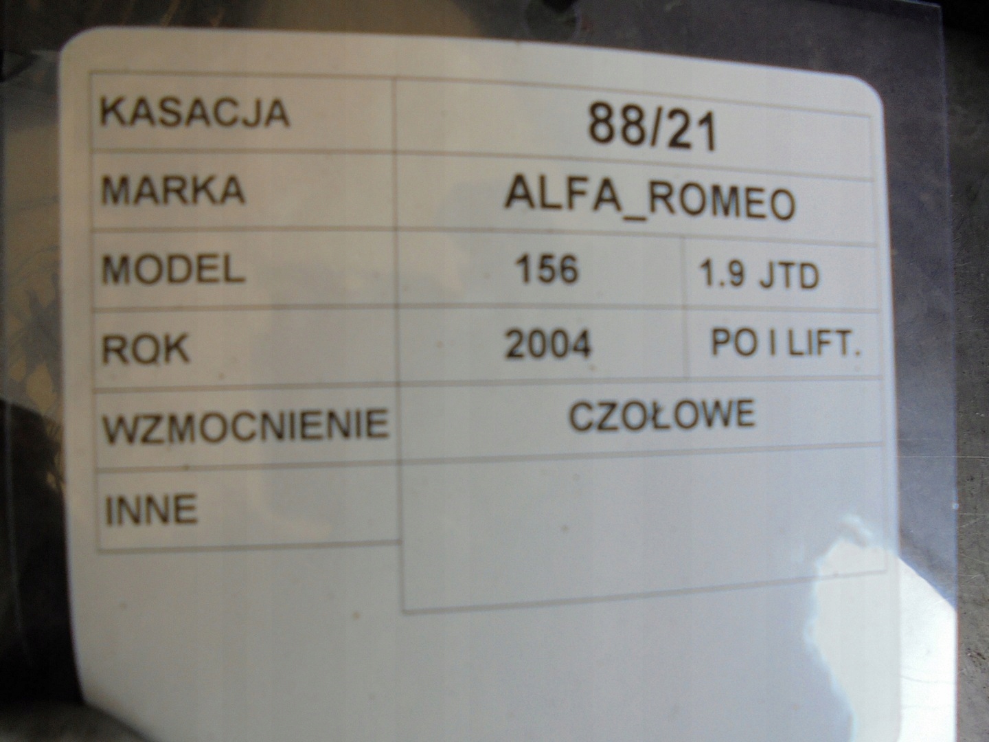 pillar iron Alfa Romeo 156 lift 97749212