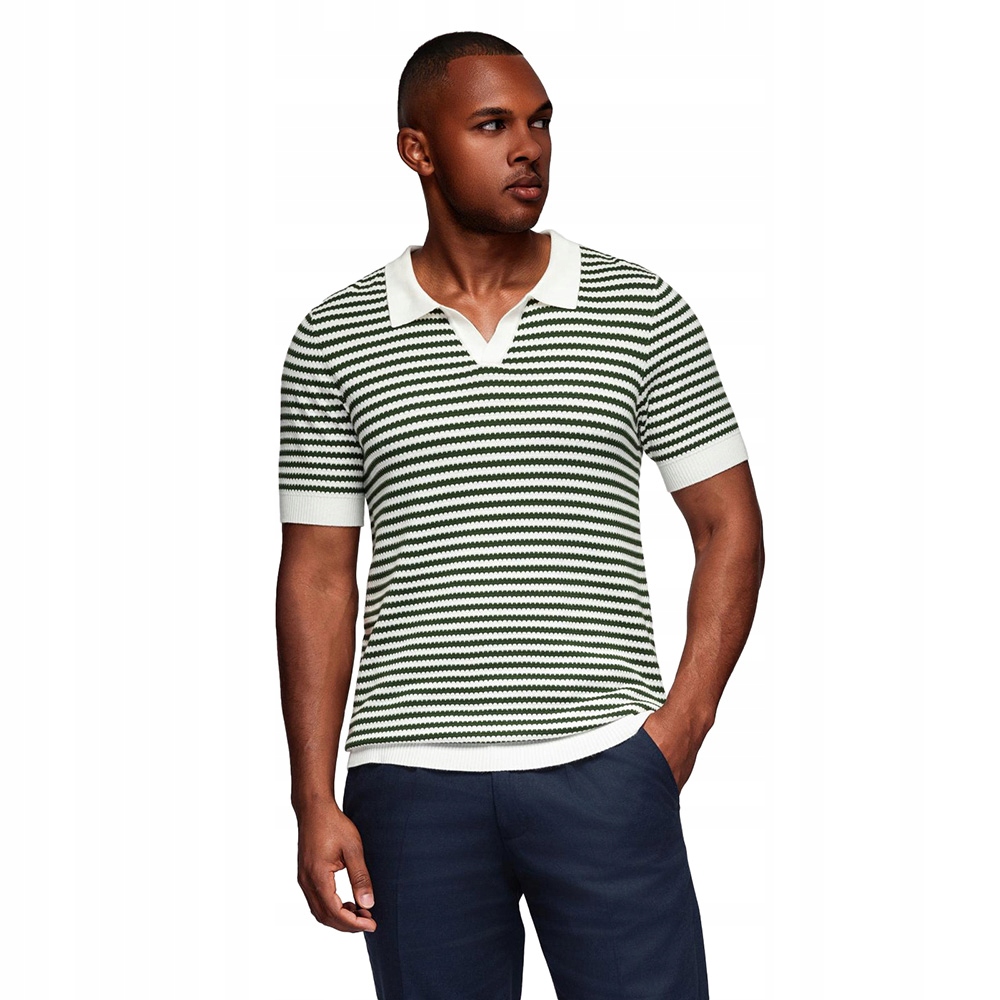 Pánské pletené polokošile s proužky bílo-olivové V3 OM-POSS-0161 XL